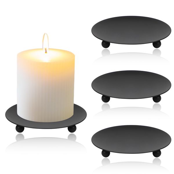 4Pcs Candle Holders for Pillar Candles, Stable Candle Plate, Sturdy Pillar Candle Holder, Candle Sticks Holder, Candle Tray, Candle Base Plate for Christmas Halloween Wedding Party Pray Spa - Black