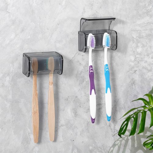 Tyqour 2 PCS Wall Mounted Toothbrush Holder with Cover, 2 Slots Tooth Brush Holder for Bathroom Wall, Self Adhesive Organizer, No Drilling Required (Grey)