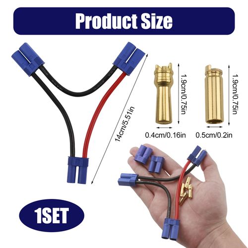1 Pcs EC5 Series Connector with 10awg Wire/Series Battery Adapter 10awg 4inch for Losi/E-Flite, 2 Sets EC5 Battery Connector Adapter Gold-Plated 5MM Banana Plug Male Female Connector for RC ESC