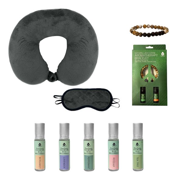 Sleep Serenity Set: Pursonic Aromatherapy Essential Oils Rollerballs, Lava Stone Bracelet, and Memory Foam Travel Pillow with Sleep Mask