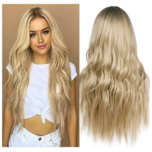 ColorfulPanda Ombre Blonde Wig with Dark Roots Natural Wavy Long Curly Synthetic Wigs for Women Cosplay Party Daily Wear