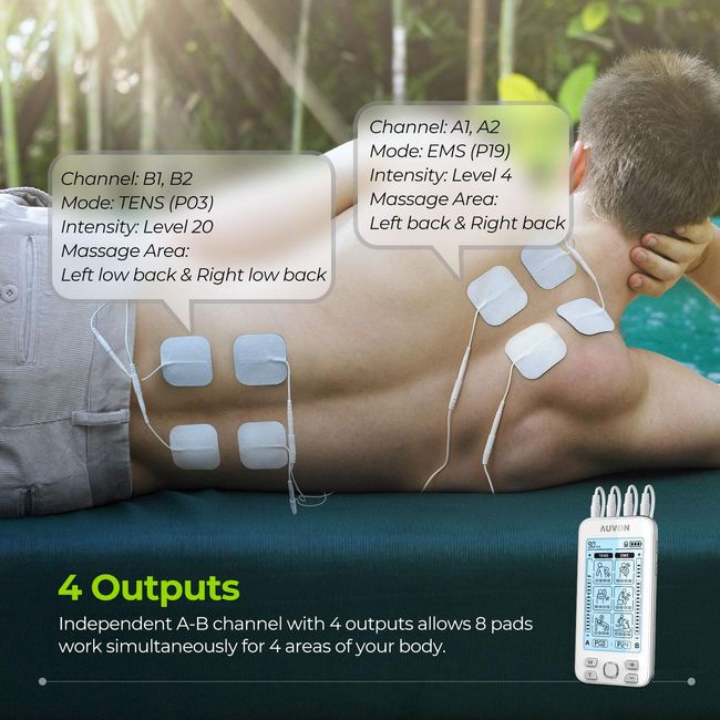 AUVON Dual Channel TENS EMS Unit 24 Modes Muscle Stimulator for Pain  Relief, Rechargeable TENS Machine Massager with 12 Pads, ABS Pads Holder,  USB