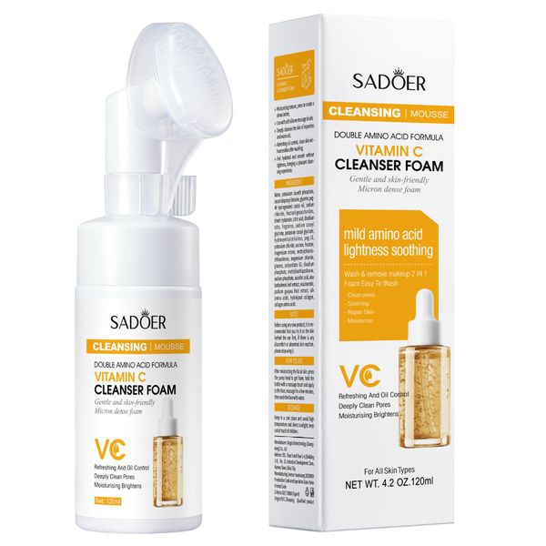 Vitamin C Foaming Face Cleanser with Brush, Foaming Cleanser for skin tone, Reduces fine lines & wrinkles, Exfoliates the skin