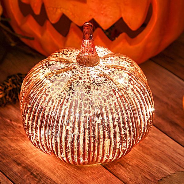 hvfun Rosegold Thanksgiving Decorative Artificial Pumpkins-Mercury Glass Light up Pumpkin with Timer- Table Centerpieces for Home Decor-Lamps for Festive Decoration