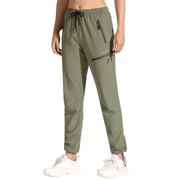 MOCOLY Women's Hiking Trousers Outdoor Walking Trousers Lightweight Quick Dry Waterproof Camping Sweat Pants Cargo Activewear Trousers with Zipper Pockets Long-Green XXL