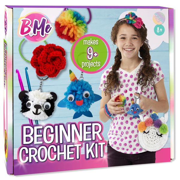 DIY All in One Crochet Knitting Kit for Beginners Starter Arts & Craft Set for Kids Teens Tweens & Adults – How to Learn Make Your Own Yarn Pom Poms – Birthday Gift for Kids Ages 8+