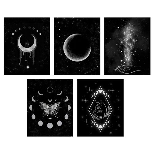 ORIGACH 5 Pcs Moon Phases Wall Art, 20x25 cm Minimalist Boho Wall Decor, Moon Phase Star Witch Wall Prints, Gothic Witchy Room Decor Unframed Canvas Prints Artwork for Bathroom Bedroom Gallery