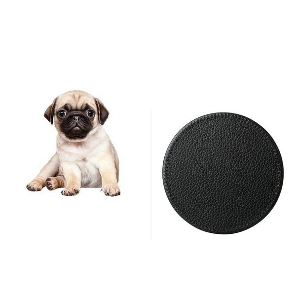 Set Of 4 Pug Dog Pet Family Synthetic Leather Round Coasters And Gift Box