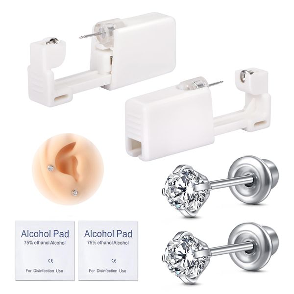 AVYRING Ear Piercing Gun Kit, Self Disposable Ear Piercing Kit 316L Surgical Stainless Steel with Cubic Zirconia, At Home Self Ear Piercer Kit Tool with 4mm White CZ Stud