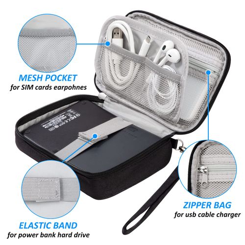 QIMEI-SHOP Bag Electronic Waterproof Cable Pockets Small Cable Accessories Organiser Bag for Mobile Phone Charging Cable Power Bank USB Sticks 18.5 x 11.5 x 2.5 cm, black, Minimal