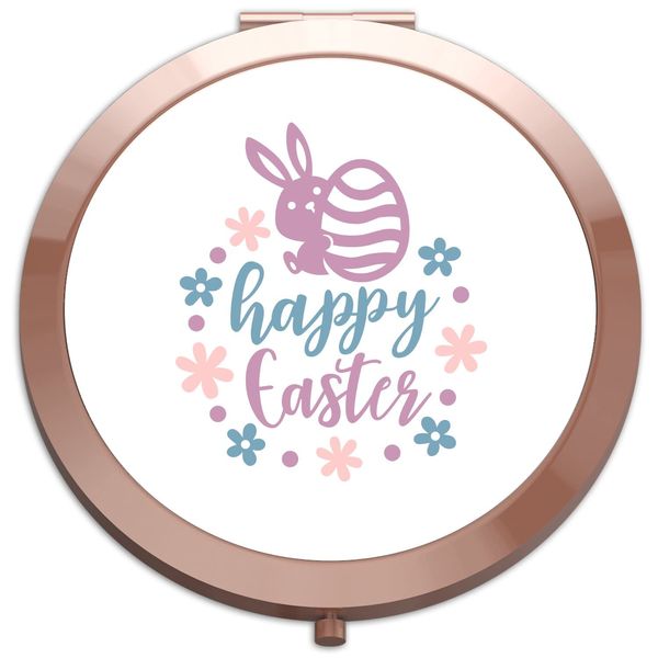 Happy Easter statement floral bunny [EAST23] folding compact pocket mirror - rose gold round circle shape