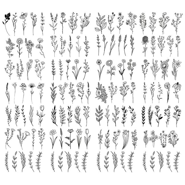 TSHAOUN 25 Sheets Tiny Flower Small Branch Temporary Tattoos Botanical Lavender Flower Line Fake Tattoo Charming Flowers for Kids Adults Neck Face Hand Feet Sticker Set, Total 116 Pieces (Black)