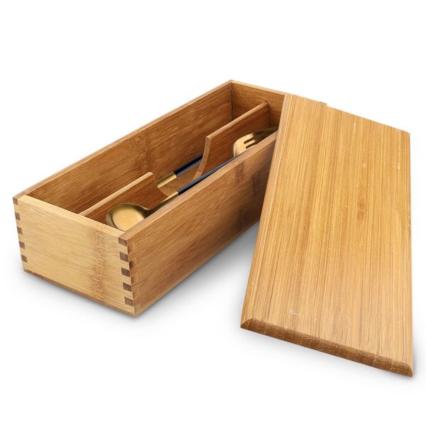 Wooden Cutlery Box with Lid, Silverware Utensil Holder Japanese Spoon Chopsticks Storage Box Silverware Container Cutlery Storage Drawer for Kitchen Countertop 27 X 11 X 6.6cm