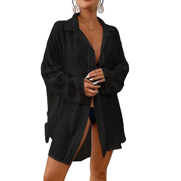 Bsubseach Women Button Down Beach Shirt Cover Up for Swimwear Blouse Tops Black