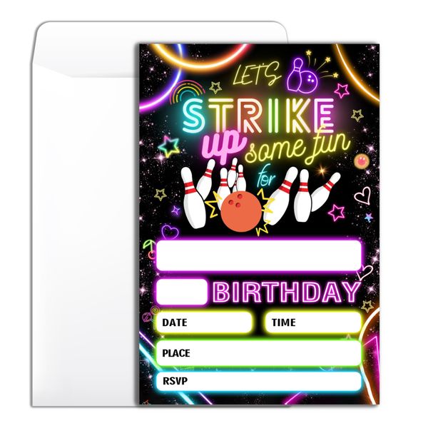 Wybgno Strike Bowling Birthday Party Invitation 20 Bowling Theme Party Neon Party Birthday Invitation With Envelopes for Boys Girls Party Invite Cards -4×6 inch-B015