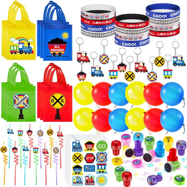 228 Pcs Train Party Favors Train Birthday Party Supplies Train Non Woven Bags Plastic Straws Punch Balloons Stamps Stickers Train Silicone Wristbands for Train Birthday Party Supplies