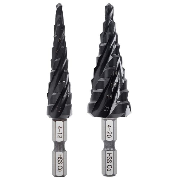 XMSSAA HSS-Co M35 4-Blade Step Drill, Hexagonal Shaft, Set of 2, For Stainless Steel, Spiral Drill, Drill, Bamboo Saw Drill, Conical Drill, Cobalt High Speed Steel, Titanium Nitride Aluminum Coating