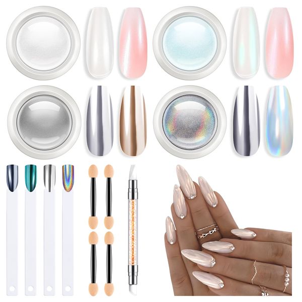 Modelones Chrome Nail Powder Set -4 Metallic Mirror and Pearl Effect Pigment Silver Chrome Powders for Gel Nails, with 1Pcs Silicone Nail Brush, 4Pcs Cotton Swabs and 4Pcs Color Display Sticks