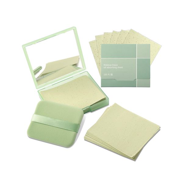 Juequt Oil Blotting Sheets Face, 200 Counts Green Tea Blotting Paper for Oily Skin Care with Portable Mirror Case & Makeup Puff, Facial Oil Absorbing Sheets Easy Take Out Design