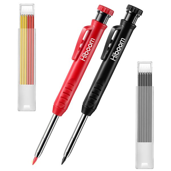 Hiboom 2 Pack Solid Carpenter Pencil with 14 Refill, Long Nosed Deep Hole Mechanical Pencil Marker with Built-in Sharpener for Carpenter Woodworking Architect with Design Patent (Black, Red)