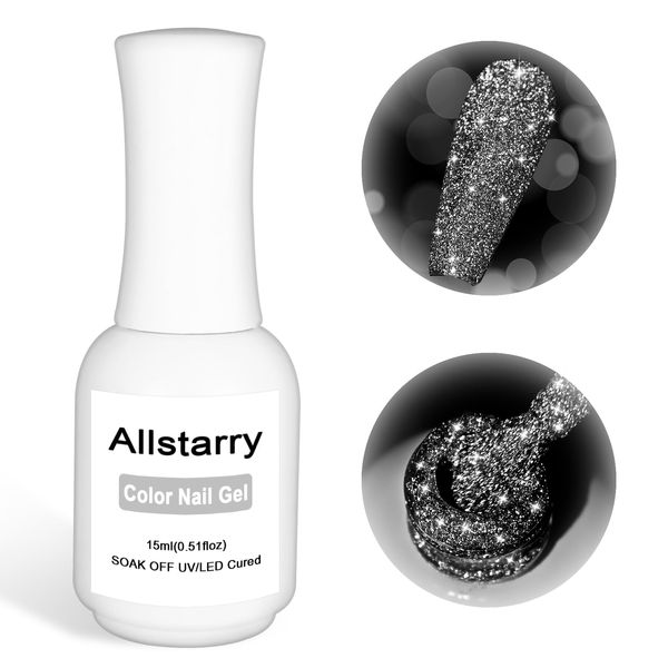 Allstarry Reflective Glitter Gel Nail Polish, 15ml Shimmer Sparkle Diamond Glitter Gel Polish UV LED Curing Soak Off Home DIY Nail Salon Manicure for Nail Art Disco Party Nightclub Wedding - Silver