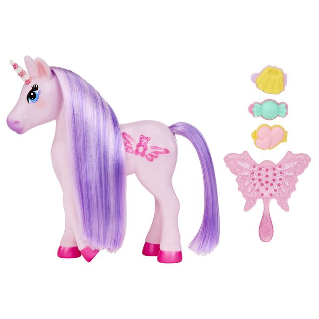 MGA Dream Bella Kleines Candy Einhorn - Lavender - Gummibärchen Motiv - Lila Mini-Einhorn mit 3 parfümierten Bonbon-Haarspangen, Langer Mähne, Bürste & Scratch 'N Sniff Etikett - Ab 3 Jahren