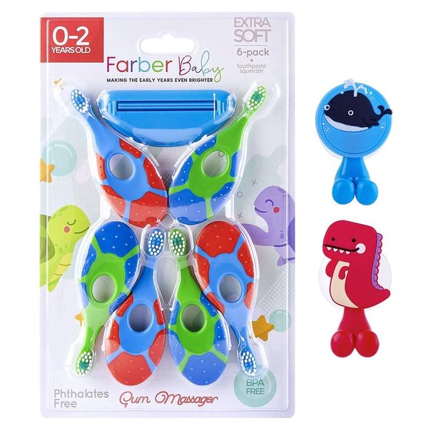 Farber Baby Toddler Toothbrushes Set – Infant Toothbrush 6 Pack with Compact Soft Bristles and Easy Grip Handle Includes 2 Suction Cup Toothbrush Holders and Toothpaste Squeezer (Blue)