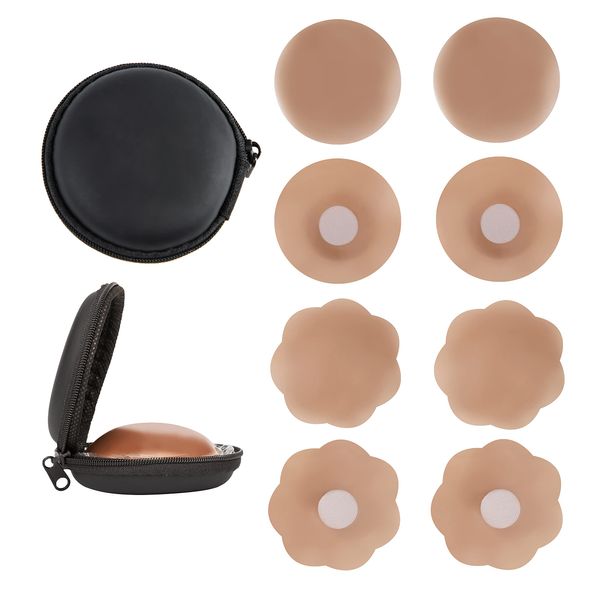 XJSGS Womens Silicone Pasties Invisible Silicone Nipple Covers Reusable Adhesive Silicone Covers (Brown-4 pairs)