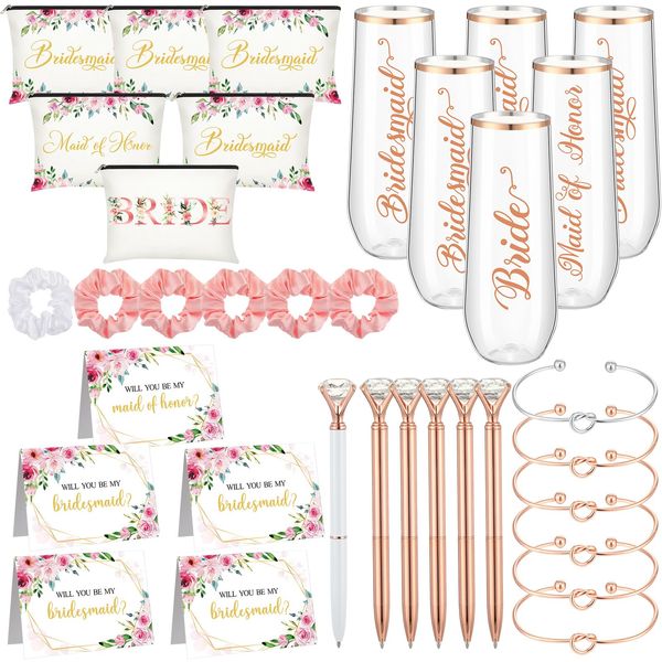 HyDren 35 Pcs Bridesmaid Proposal Gifts Maid of Honor Gift Include Champagne Flutes Makeup Bags Invited Cards Hair Scrunchies Bracelets Diamond Pens for Wedding Bachelorette(Cute Style,Pink)