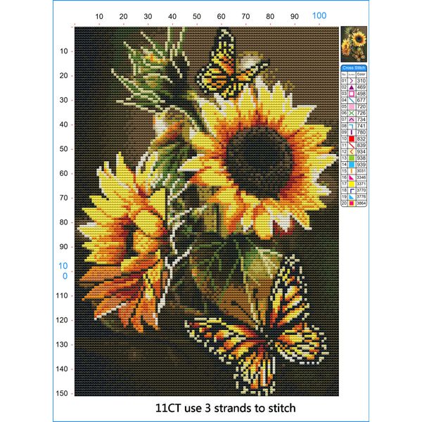 Sunflower Stamped Cross Stitch Kits - Needlepoint Counted Cross Stitch Kits for Beginners Adults Butterfly Patterns Dimensions Embroidery Kits Arts and Crafts (11CT Without Frame)