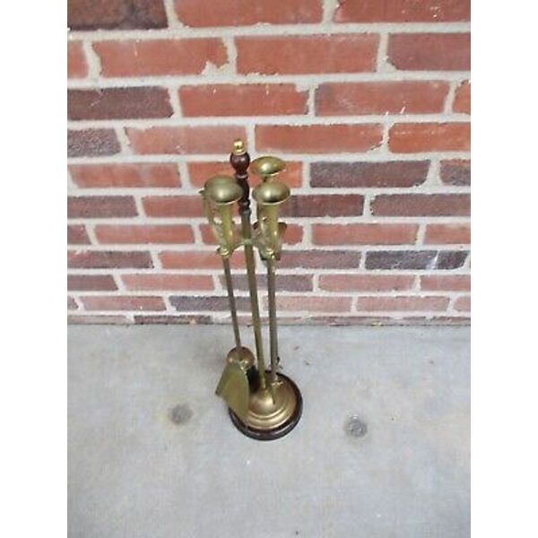 Antique or Vtg 5 Pc Brass Fireplace Tool Set French Horns Cherry Base 25" tall