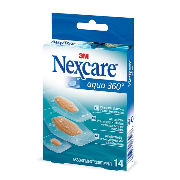 Nexcare Aqua Clear Waterproof Plasters, Assorted Sizes, 14 Plasters per Pack, Waterproof Plasters for Wounds, Minor Scratches and Plasters for First Aid Kits