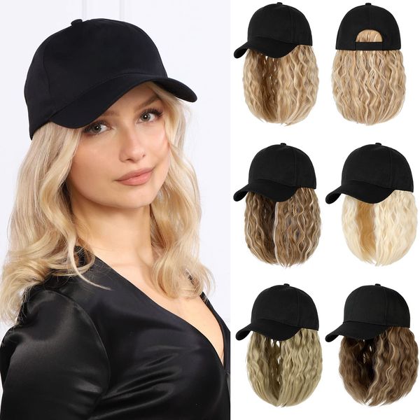 Lansigreen Baseball Cap with Hair Extensions Hat Wig Adjustable Hat Attached Curly Wave 14" Synthetic Hairpiece for Women Baby Blonde Mix Bleach Blonde