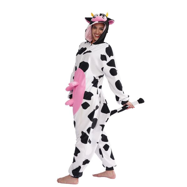 Adult Cow One-Piece Pajamas Animal Cosplay Halloween Costume for Men Women