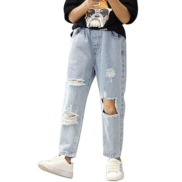 AMEBELLE Ripped Jeans for Teen Girls Elastic Waist Cute Girls Pants 8Y 10Y 12Y 14Y Blue