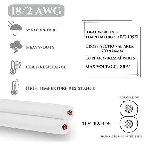 18 Gauge 2 Conductor Electrical Wire SPT-2 50Ft 18/2 Low Voltage 18 AWG Wire Flexible Wire Extension Cord Stranded Tinned Copper Wire for Lamp Lighting LED Strips White