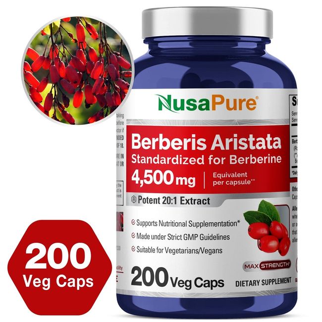 NusaPure Berberine HCI 4500 mg - 200 Veggie Caps - 6 Months Supply