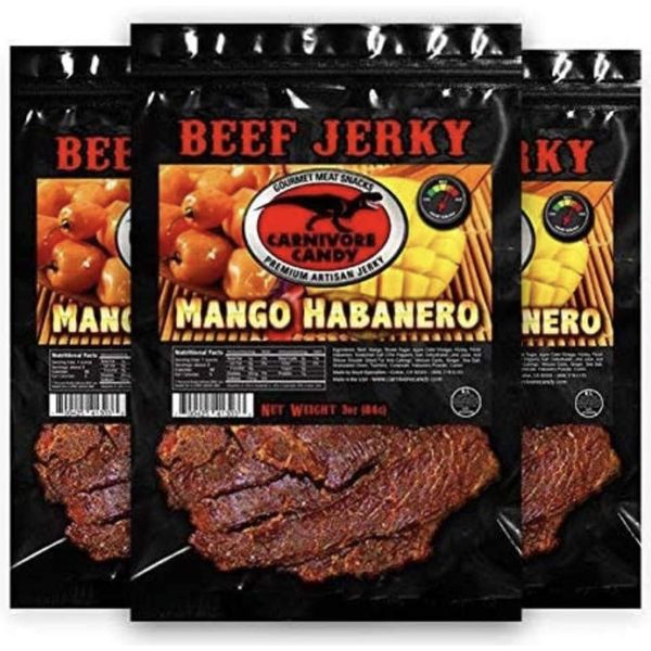 Carnivore Candy’s Mango Habanero Jerky – Beef Jerky with amazing taste, no preservatives, MSG-free, low sodium Ready to Go Food. Great protein boost for the gym, office or on the go! (3 OZ - 3 bags)