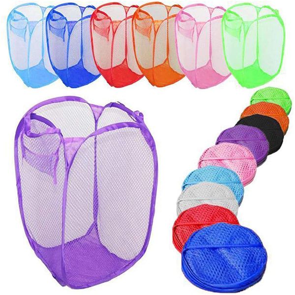 Foldable Pop Up Mesh Washing Laundry Basket Bag Bin Hamper Tidy Storage Organiser Laundry Net Bag Clothes Bags HTUK (Red)