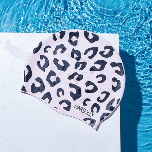 Marsolly Swim Cap Women, Silicone Swimming Cap for Long Hair with Leopard Printed Pink