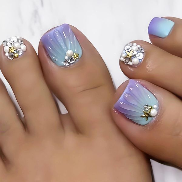 24Pcs Purple Gradient Beach Press on Toenails Starfish Pearl Fake Toenails Bling Glitter Stick on Short False Toenails with Rhinestone Design Full Cover Acrylic Toe Nails for Women Summer DIY Manicure