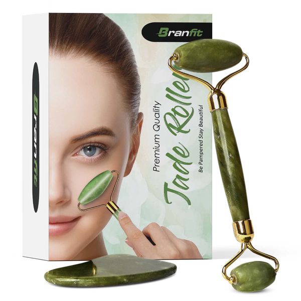 Branfit Gua Sha Massage Tool Jade Roller Skin Care Kit Face Roller, Natural Jade Roller Beauty Product for Anti-Aging & Anti-Wrinkle Treatment, Facial Massager Wand for Neck and Puffy Eye Area