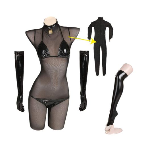 [cnstone] 5-piece Set Top and Bottom Set + Gloves + Socks + Full Body Tights Bondage Queen Costume Bodysuit Enamel Black Bikini Game Underwear Sexy Lingerie See-Through Fishnet Body Stocking