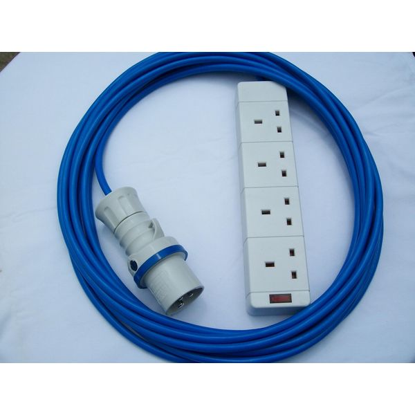 10m CAMPING ELECTRIC HOOK UP BLUE CABLE WITH 4 WAY SOCKET