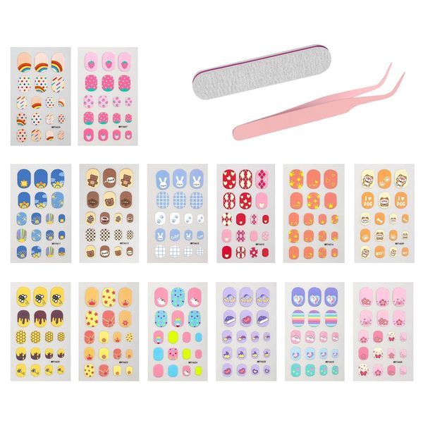 14Pcs Nail Stickers For Kids, 1Pc Tweezers, 1Pc Nail File, Nail Stickers For Kids, Nail Art For Kids, Colorful Nail Files, Full Wrap Nail Stickers