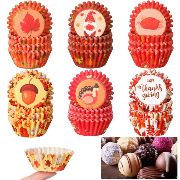 600 Pcs Thanksgiving Cupcake Liner Turkey Maple Leaves Mini Cupcake Liner Baking Supplies Fall Cupcake Liners Candy Cups Paper for Home Autumn Themed Liners Party Supplies, 6 Styles (Pumpkin)