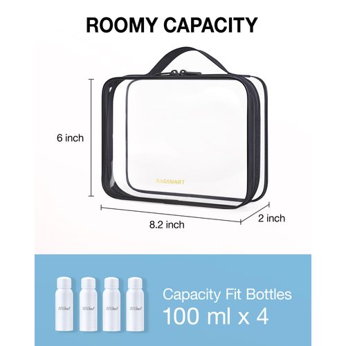 BAGSMART TSA Approved Clear Toiletry Bag, 2 Packs Quart Size Water Resistant Makeup Cosmetic Bags for Women, Airport Airline Travel Essential Carry On Organizer with Handle Large Opening, Black