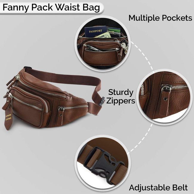 Fanny Pack Waist Bag Multifunction Genuine Leather Hip Bum Bag Travel Pouch  for Men and Women- Multiple Pockets & Sturdy Zippers Ideal for Hiking