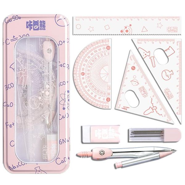 Compass, Triangular Ruler, Protractor, Semicircle Protractor, Stationery, Learning Supplies, Eraser, Mathematics, Easy to Carry, Storage Box Included, Geometry, Highly Practical, School, Elementary