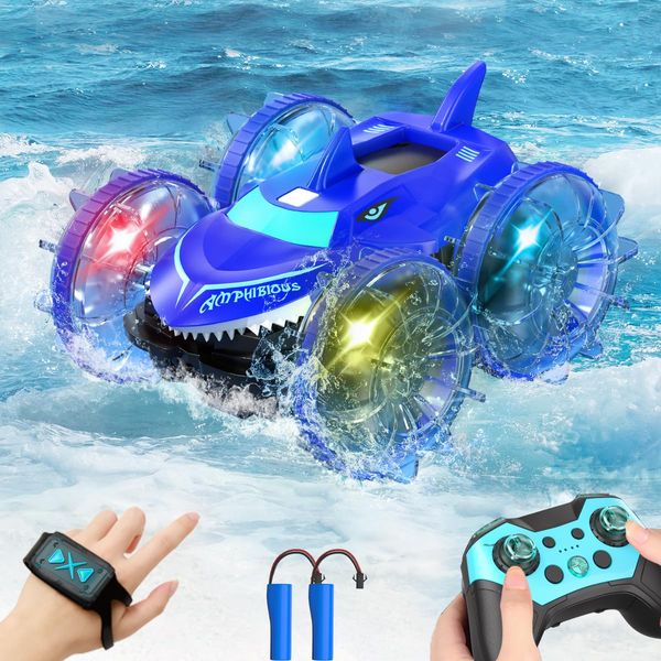 Axirata Amphibious RC Car with Lights for Kids 3-12 Year Old Boys Toy Gesture Hand Remote Control Boat 4WD 2.4GHz Waterproof RC Stunt Car 360° Rotating Water Beach Pool Toys Gift for Boys Girls